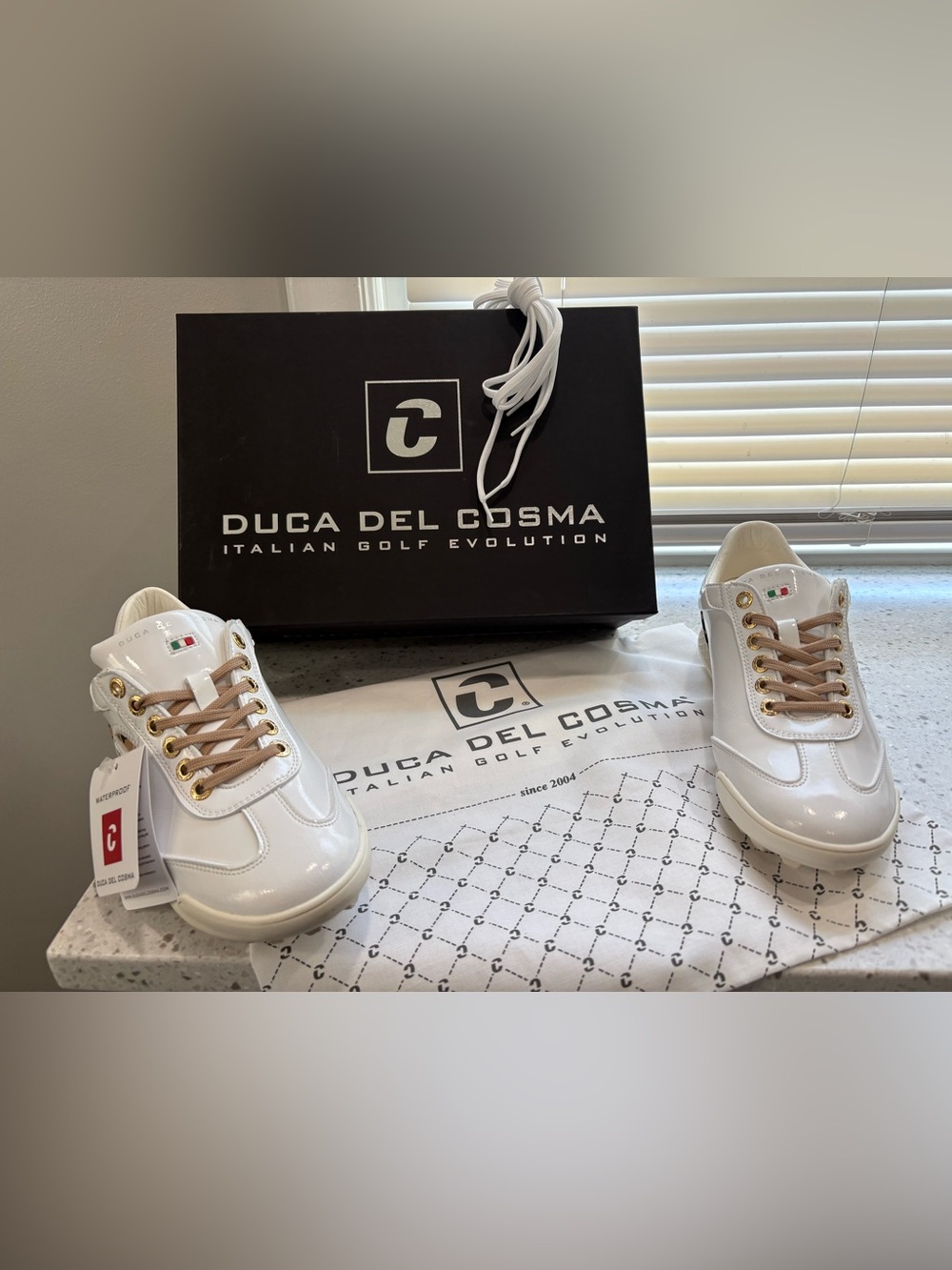 NIB Duca Del Cosma King Cheetah White Patent Golf Sneakers